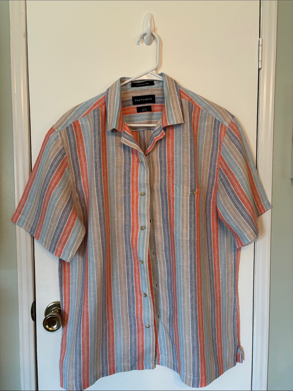 Paul Fredrick Short-Sleeve Striped Button-Down Shirt - Rust, Blue & Cream